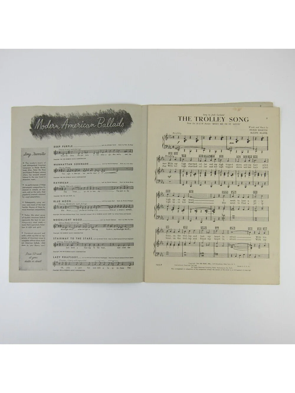 Sheet Music The Trolley Song Meet Me In St. Louis Judy Garland Vintage 1944